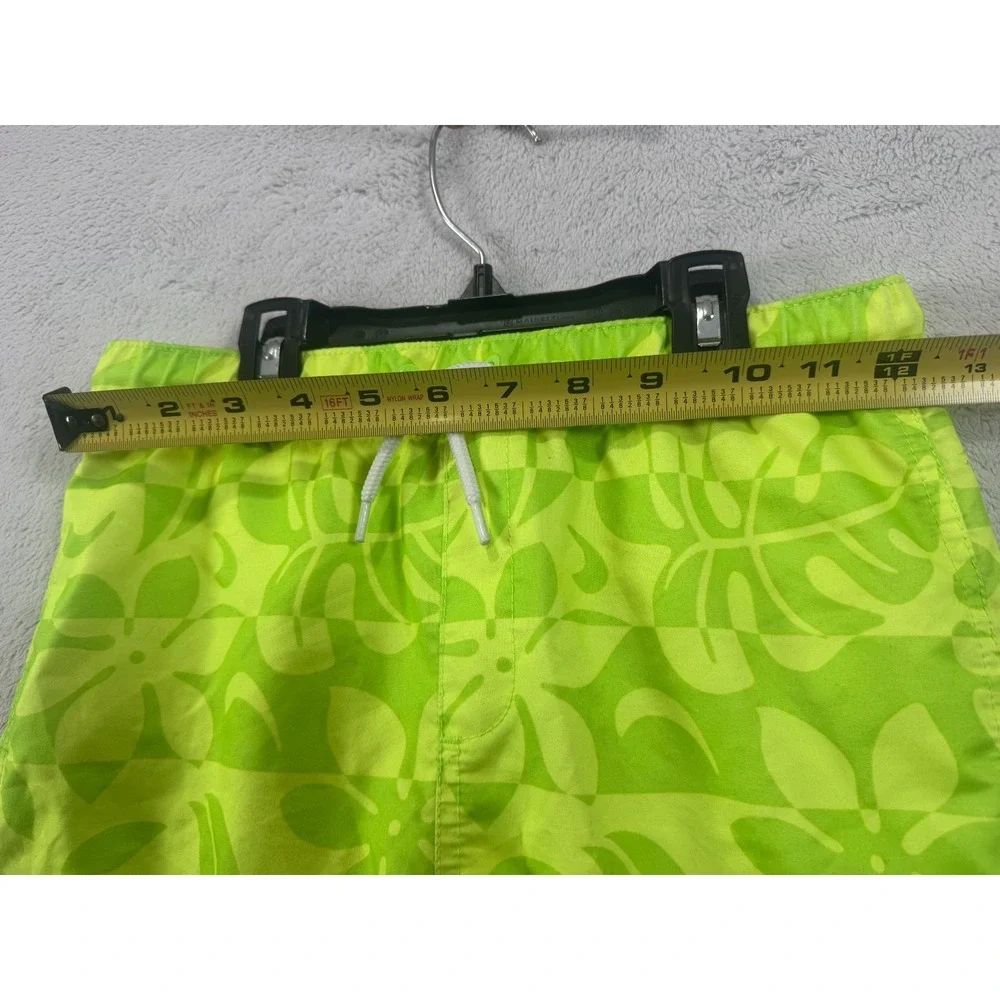 Lands' End Swim Trunks Boys L 10-12 Neon Green Tropical Floral Mesh Lined UPF 50